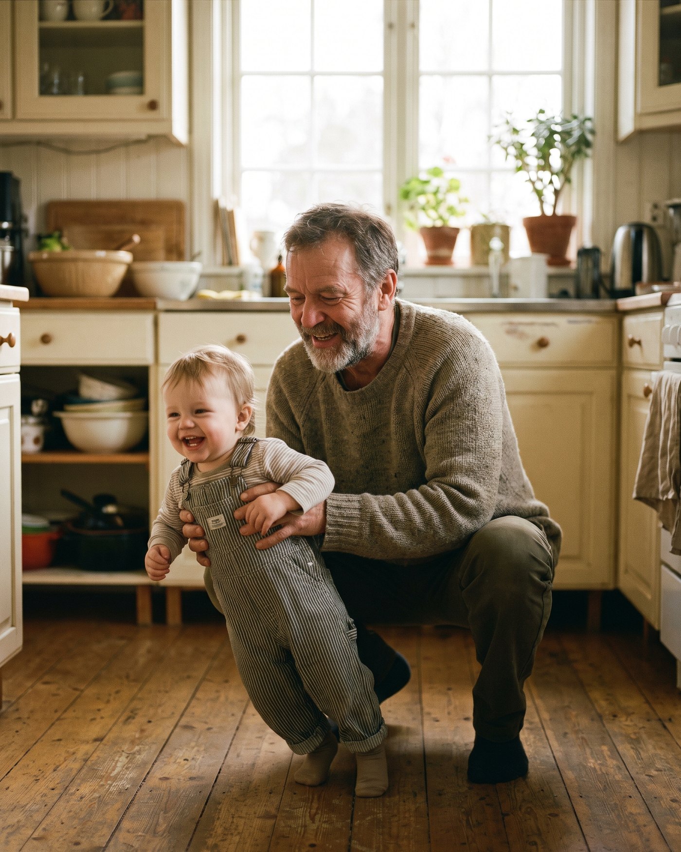 A man crouching down in a sunlit kitchen, steadying a laughing toddler on their feet