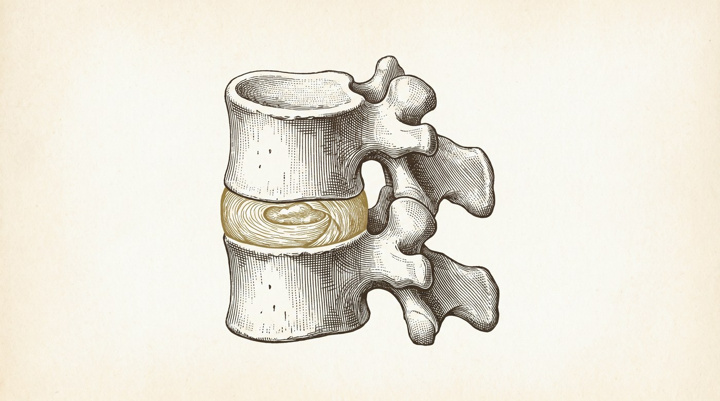 Engraved anatomical plate: two lumbar vertebrae in side cutaway, the intervertebral disc between them picked out in gold