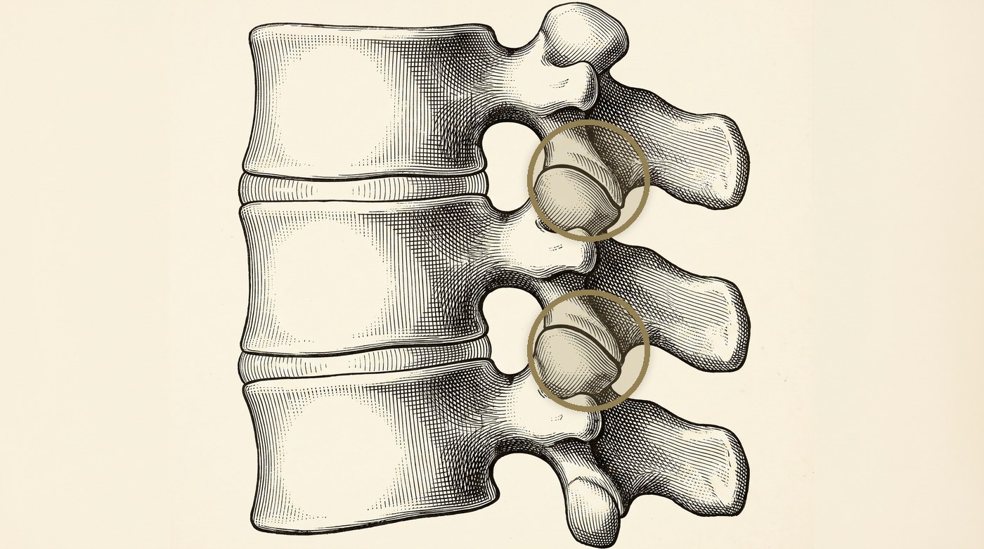 Engraved anatomical plate: three stacked lumbar vertebrae in oblique view, the paired facet joints where each vertebra interlocks with the one below picked out in gold