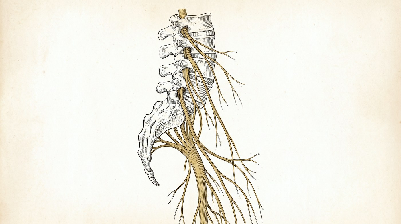 Engraved anatomical plate: the lower lumbar spine with nerve roots branching downward, picked out in gold